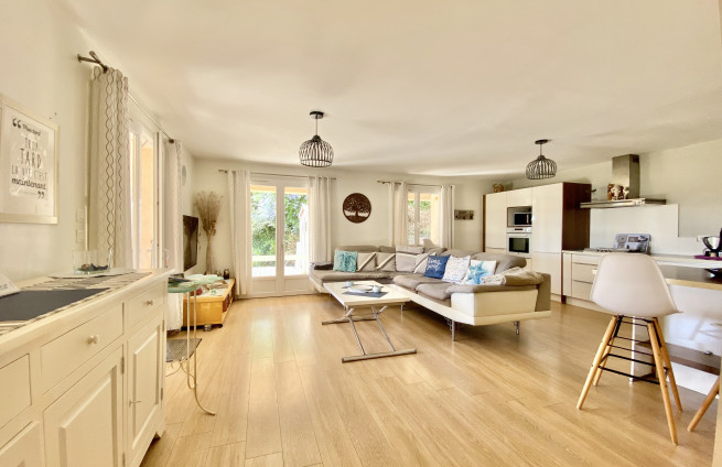 Villa with open-plan living room and modern, fully equipped kitchen