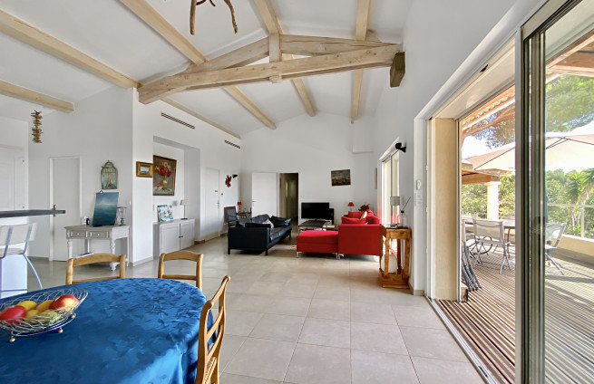 living room with exposed beams
