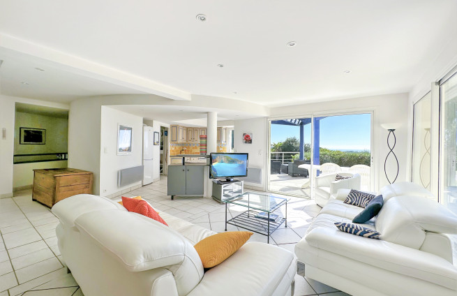 Woonkamer met zeezicht, open haard, villa aan de Franse Rivièra