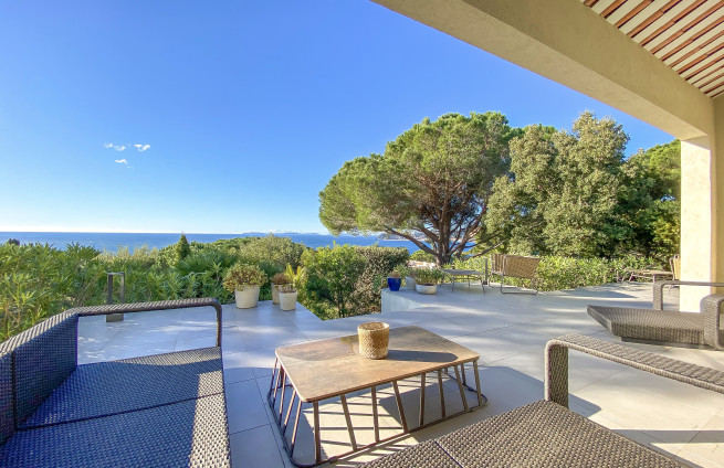 shaded terrace, umbrella pines, contemporary villa, La Croix-Valmer